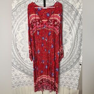 Bohemian Red Floral Long Sleeve Dress